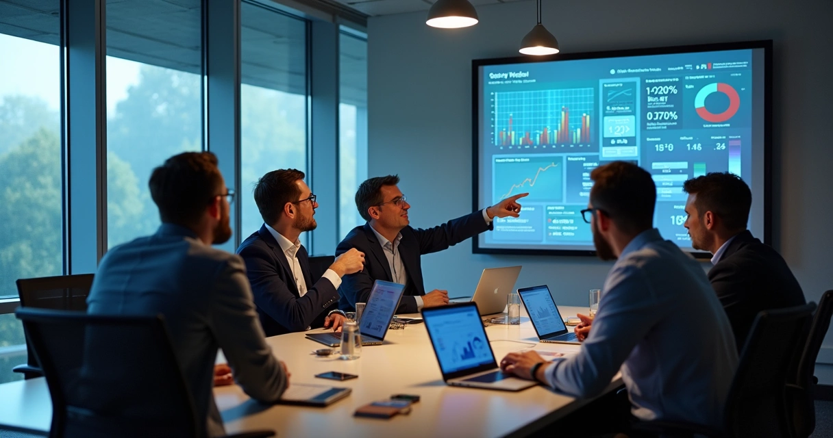 Gestores analisando gráficos de vendas em reunião 