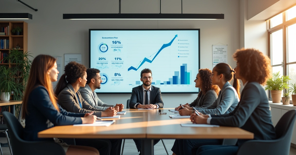 Gestores em reunião analisando gráficos de retenção de alunos em sala moderna 