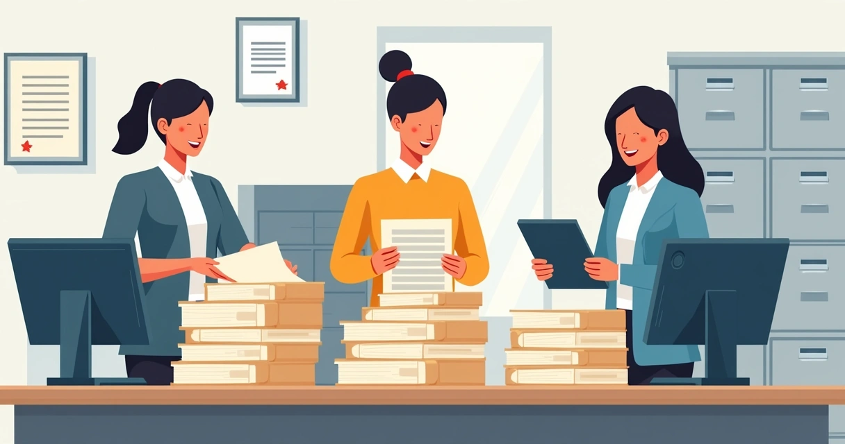 Equipe de gestores públicos organizando documentos eleitorais. 