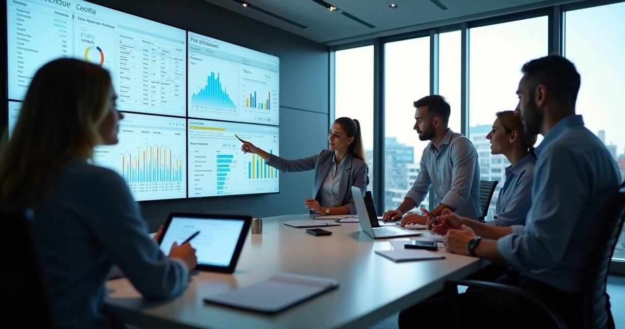 Equipe comercial analisando dashboards integrados com IA 