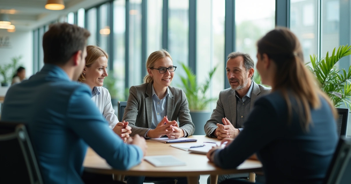 Gestores sentados em círculo, conversando em ambiente corporativo moderno