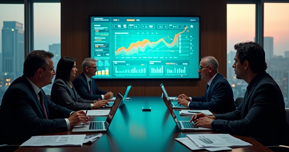 Gestores em sala de reunião analisando painel digital com nova estrutura tributária 