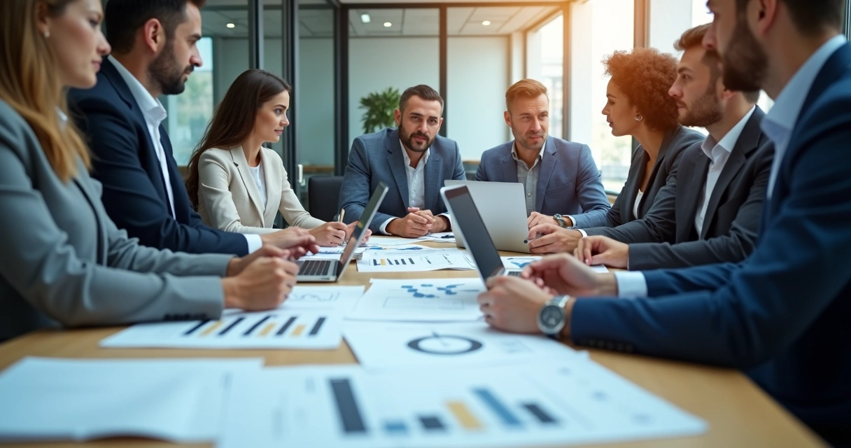 Gestores empresariais reunidos em mesa analisando dados financeiros. 