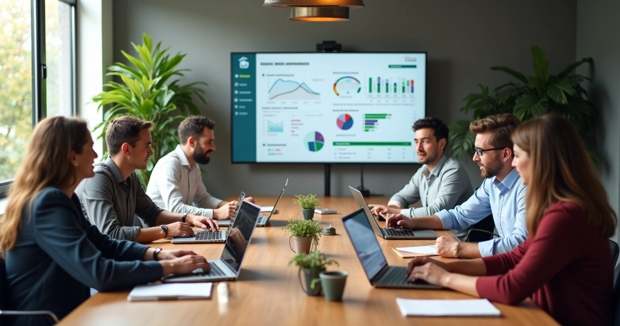 Gestores de entidade em reunião usando laptops e tablets 