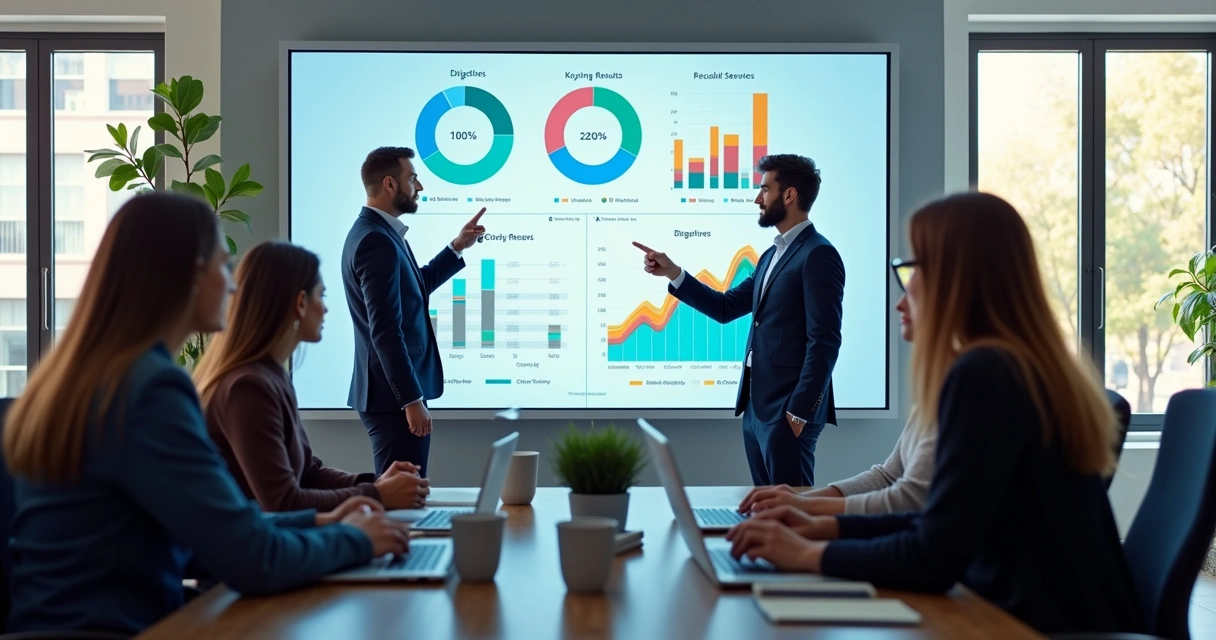 Equipe de trabalho em escritório moderno alinhando metas com gráficos de OKR em tela digital 