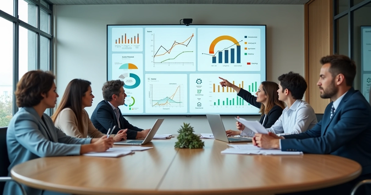 Equipe de gestores reunida em mesa redonda analisando painéis de indicadores de desempenho na parede 