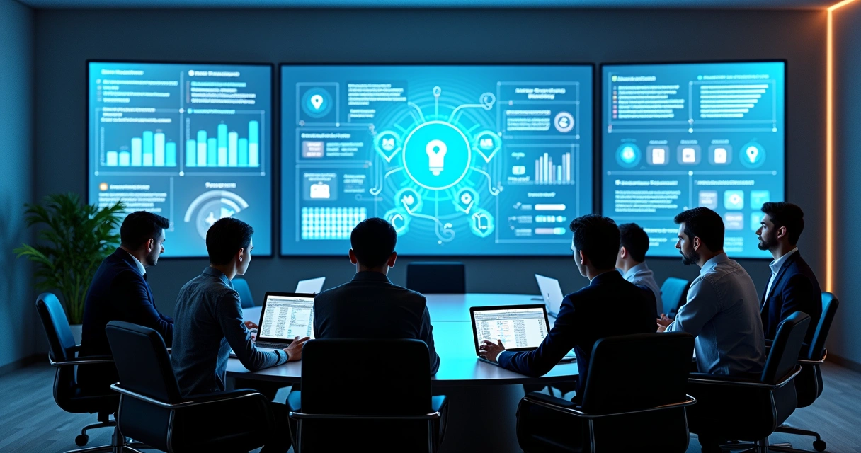 Equipe de gestores jurídicos em sala de reunião avaliando documentos digitais e indicadores de segurança. 