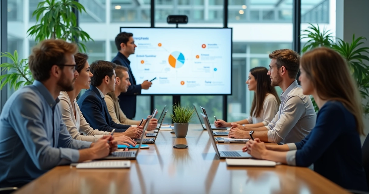 Gestores sentados em reunião de treinamento de onboarding em sala moderna com laptops e anotações 