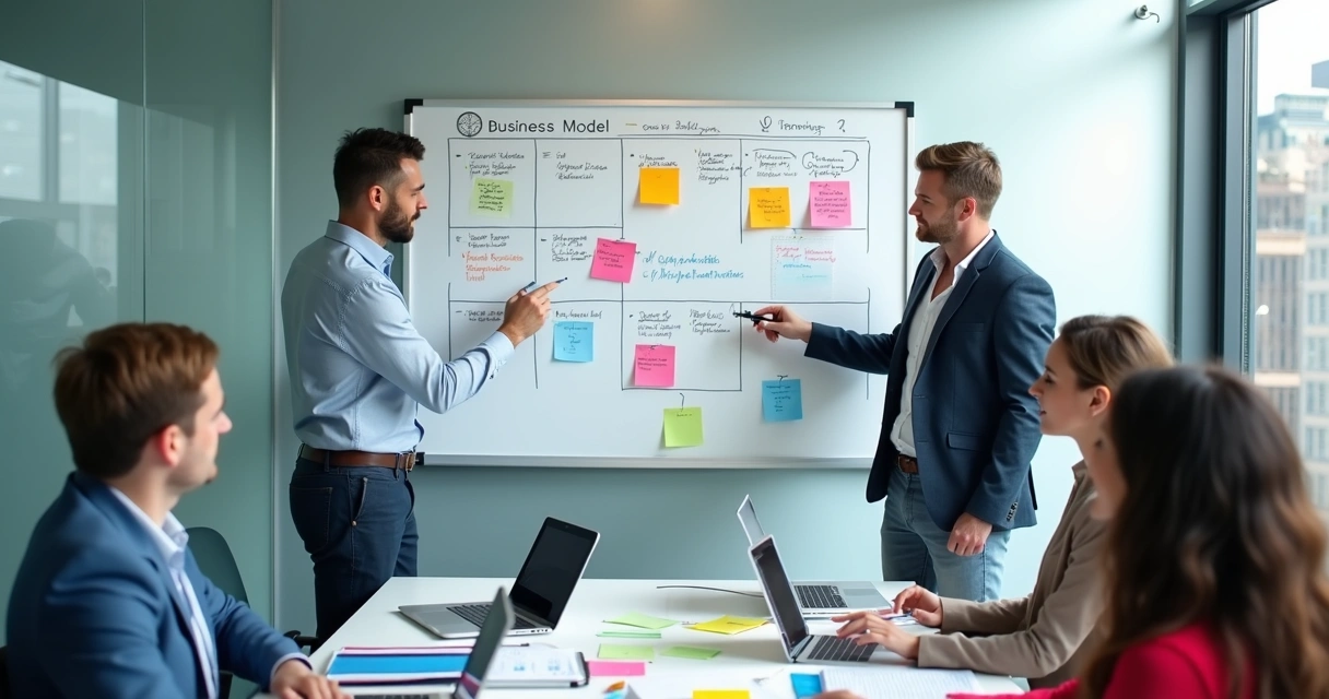 Gestores de PME preenchendo business model canvas em quadro branco colaborativo 