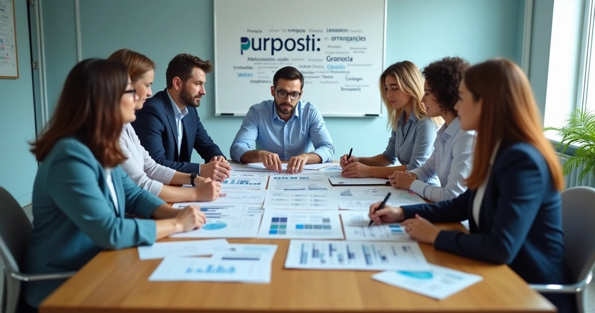 Gestores reunidos em mesa discutindo propósitos e resultados financeiros 