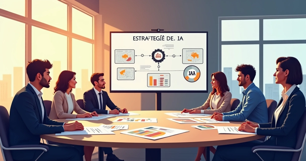 Gestores públicos em mesa discutindo plano de adoção de IA com documentos e gráficos 