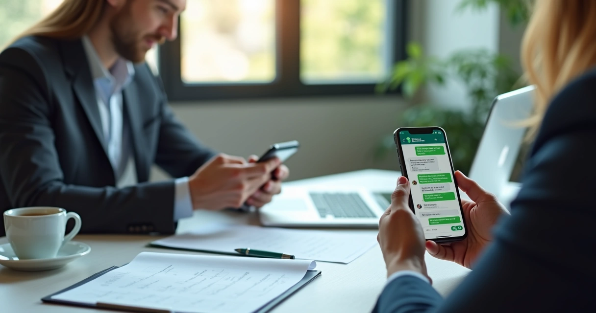 Gestores empresariais olhando smartphones com alertas no WhatsApp