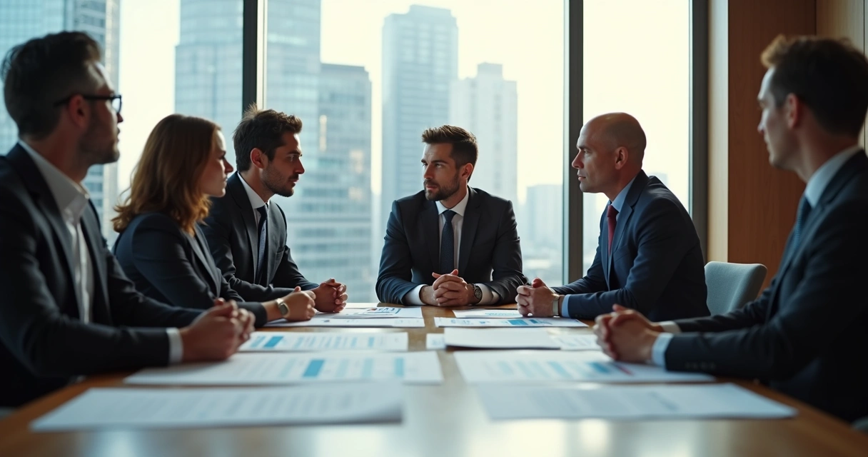Três gestores sentados à mesa, debatendo questões com expressões sérias, papéis e gráficos ao lado 