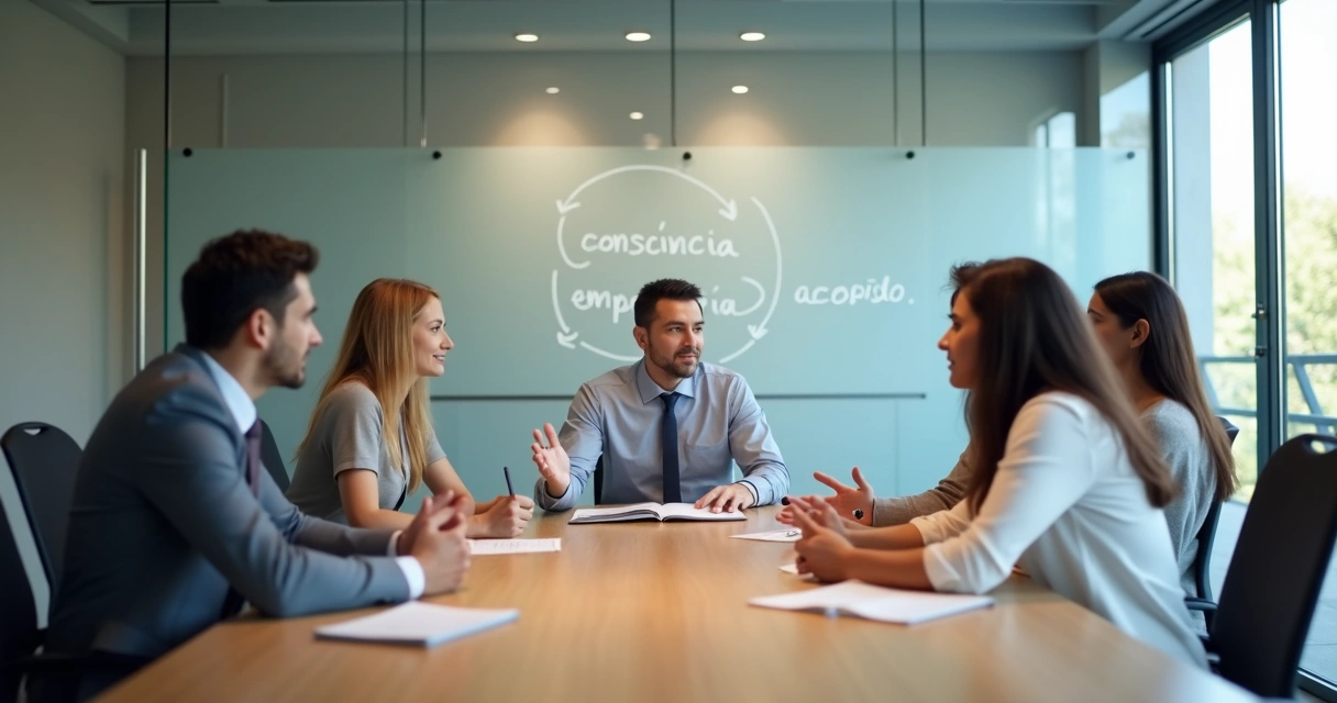 Gestores em reunião mediando conflito com postura calma e colaborativa 