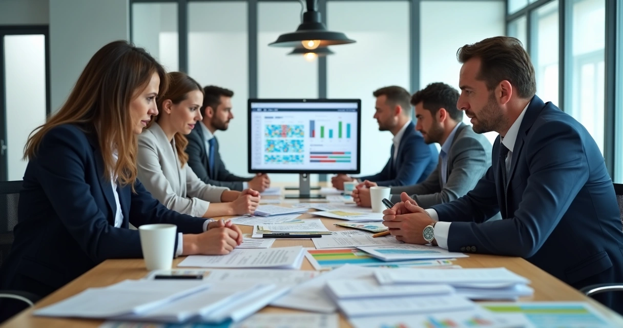 Gestores de segurança do trabalho e RH analisando planilhas, papelada na mesa