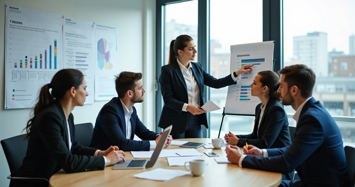 Gestores de empresa reunidos em sala de reunião analisando documentos de saúde mental 