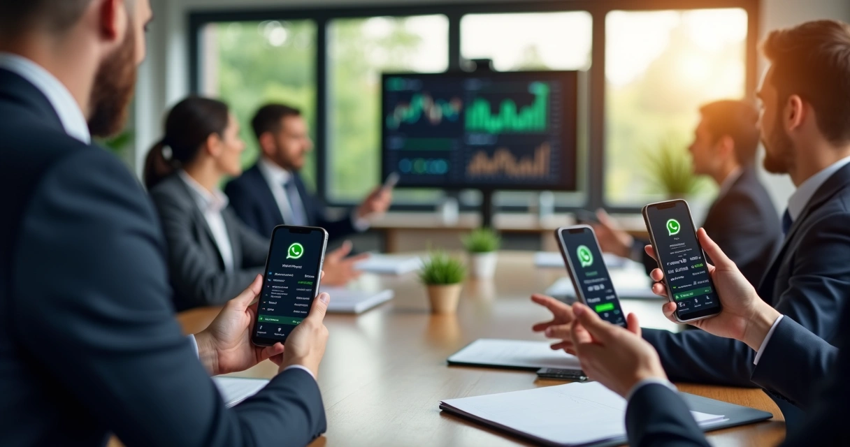Gestores reunidos em uma sala com celulares mostrando gráficos pelo WhatsApp 