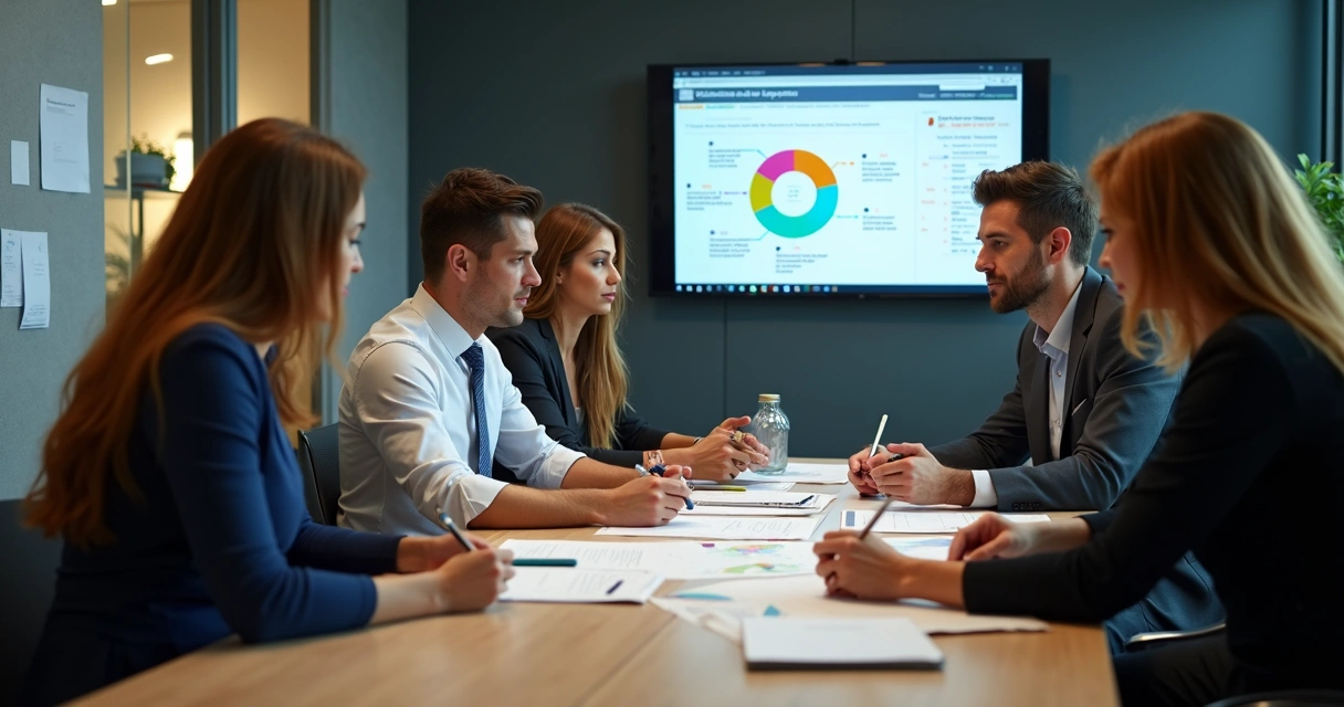 Equipe de gestores reunidos analisando relatórios sobre riscos psicossociais 