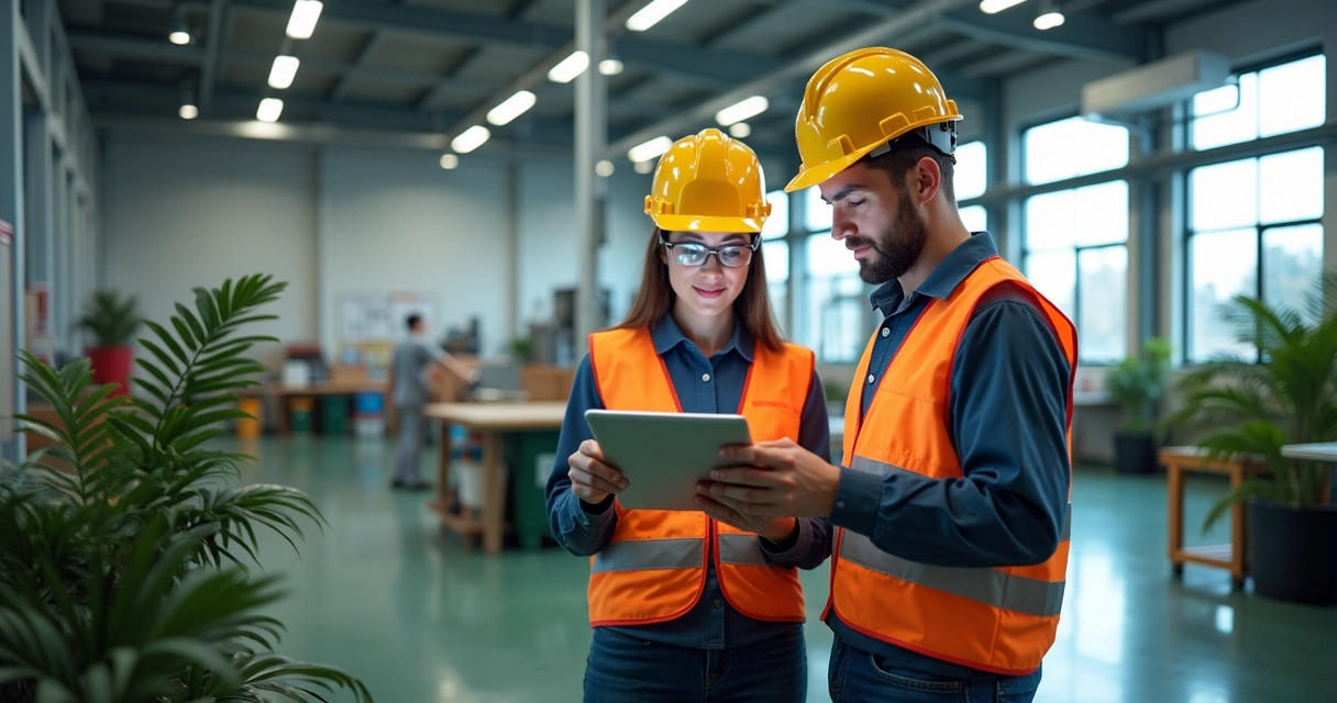 Engenheiro e técnico de segurança do trabalho revisando plano de responsabilidade socioambiental em ambiente industrial com equipamentos de proteção 