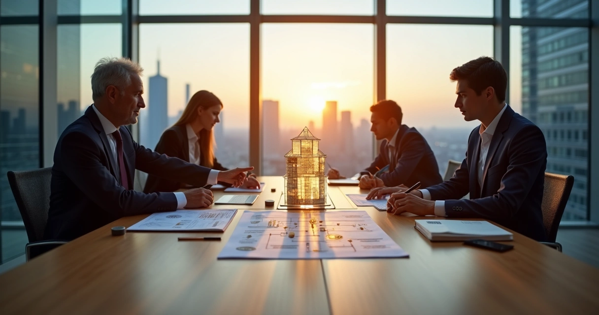 Reunião de sucessão entre gestores seniores e jovens ao redor de mesa em escritório corporativo 