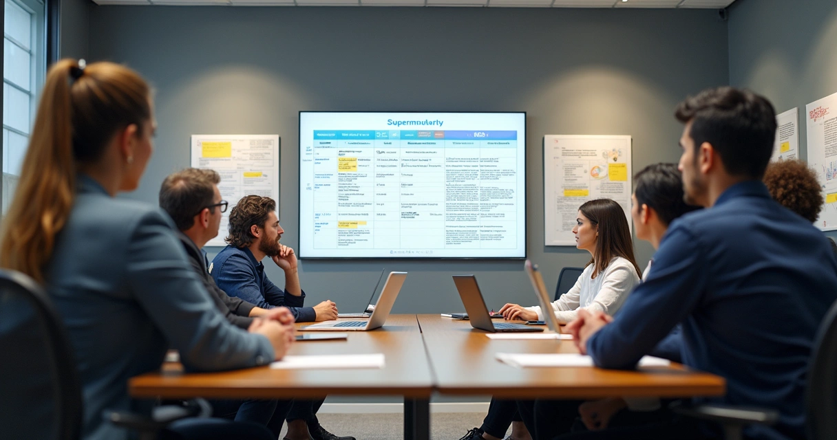 Gestores de supermercado analisando o plano no escritório do supermercado 