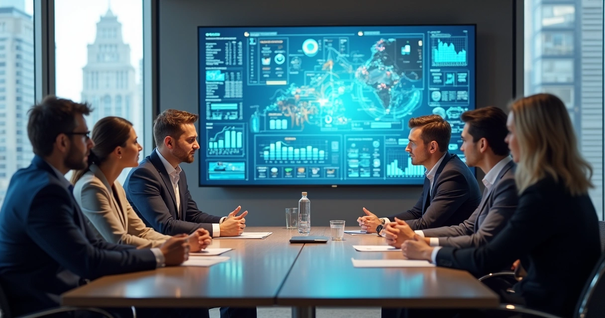 Gestores e equipe comercial em reunião com tela exibindo gráficos de IA 