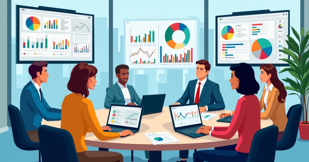 Gestores conversando e analisando gráficos em ambiente corporativo 