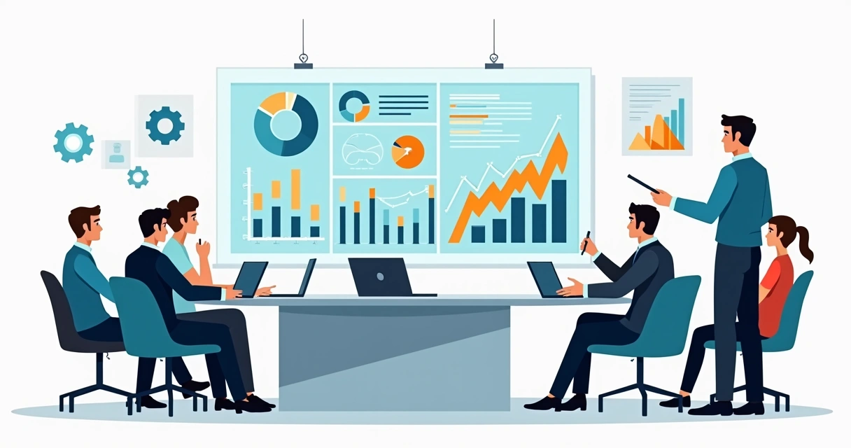 Gestores reunidos em treinamento técnico avaliando dados em uma tela grande 