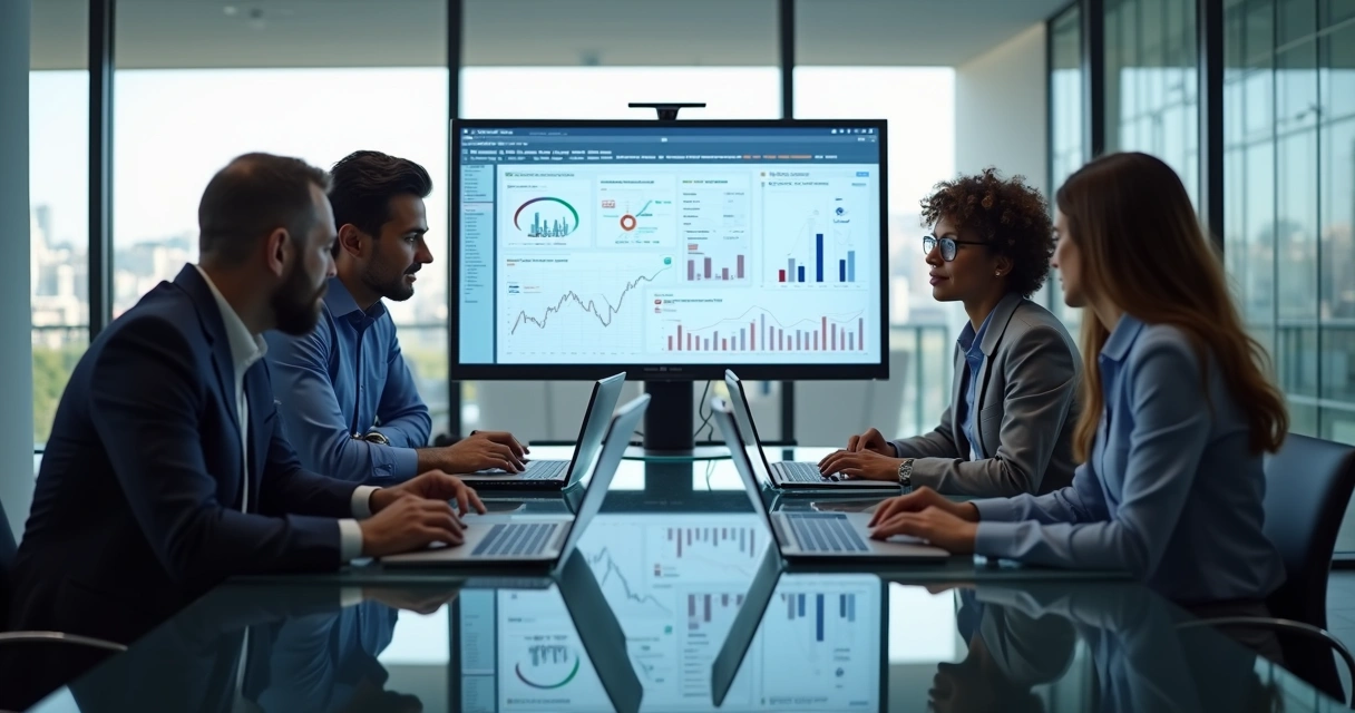 Equipe de gestores de varejo reunida em escritório moderno utilizando sistema ERP em computadores e tablets 