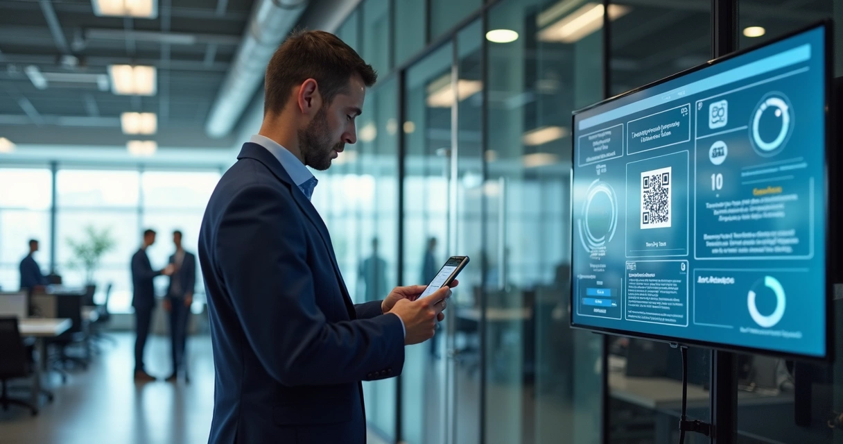 Gestor escaneando QR Code de equipamento facility para abrir solicitação de manutenção 