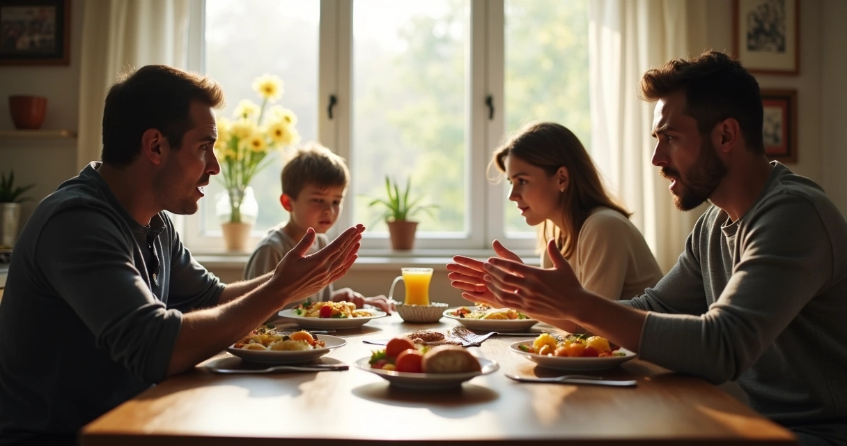 Familia discutiendo en la mesa del comedor 
