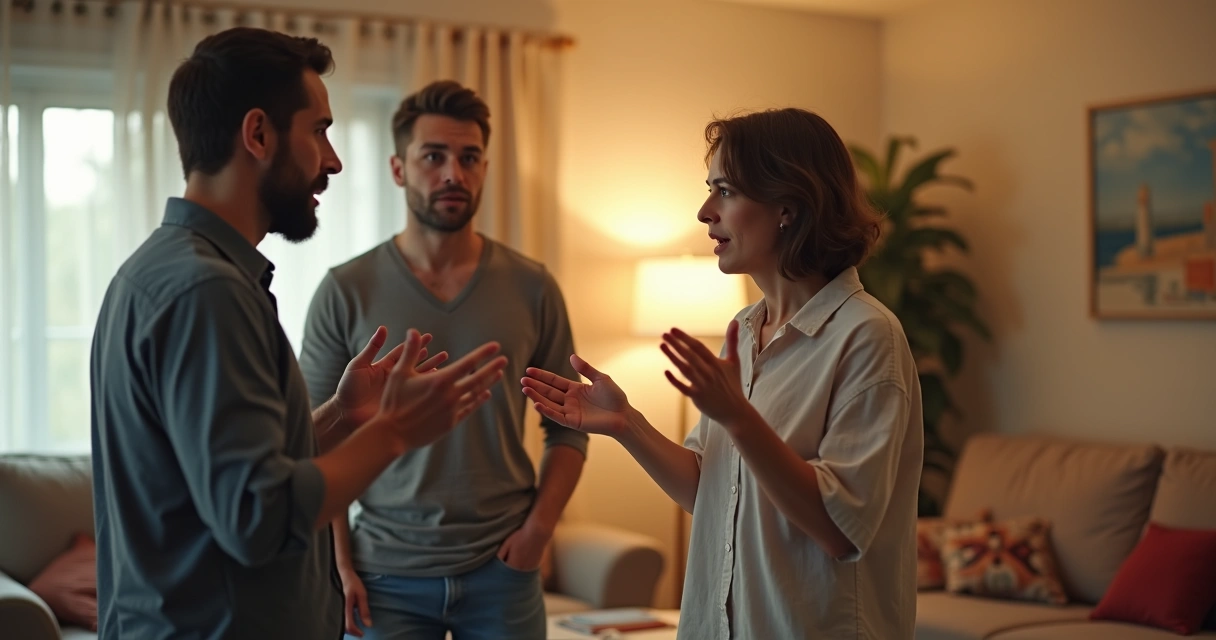 Duas pessoas fazendo gestos de conflito em uma sala de casa