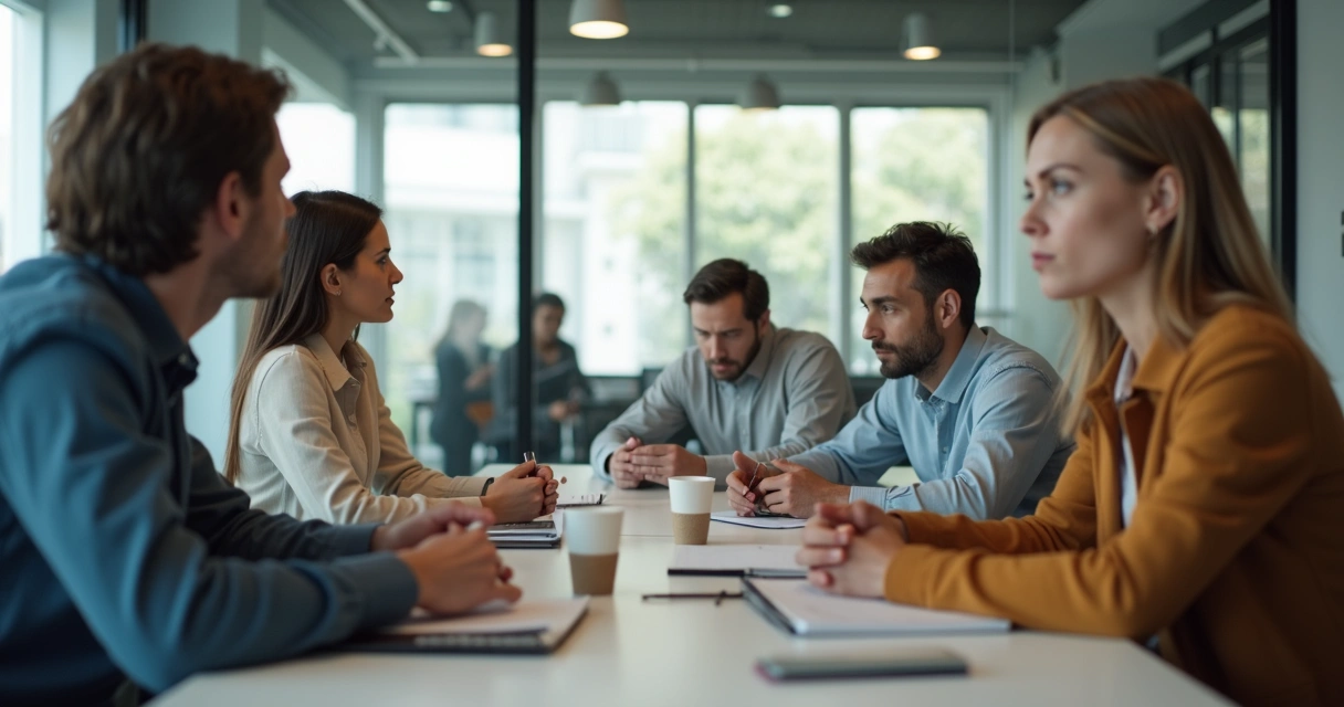 Pessoa em reunião olhando de lado, com leve expressão de julgamento no rosto 