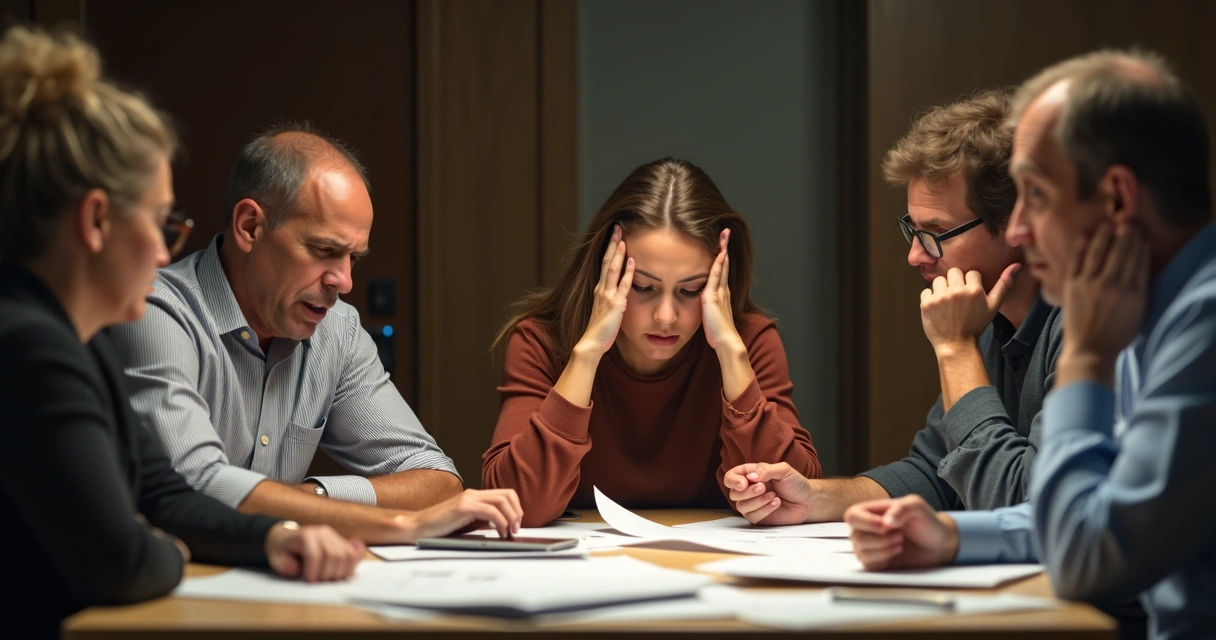 Pessoas sentadas à mesa, mostrando expressões de reflexão e preocupação 