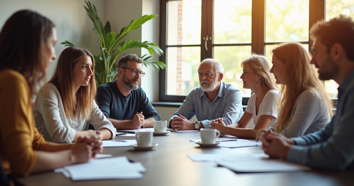 Personas sentadas conversando, con gestos que expresan emociones diversas 