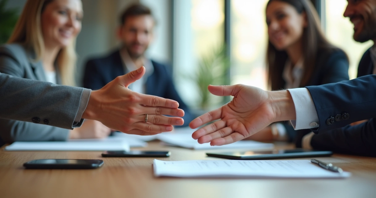 Gestos de mãos e olhares atentos durante negociação empresarial 