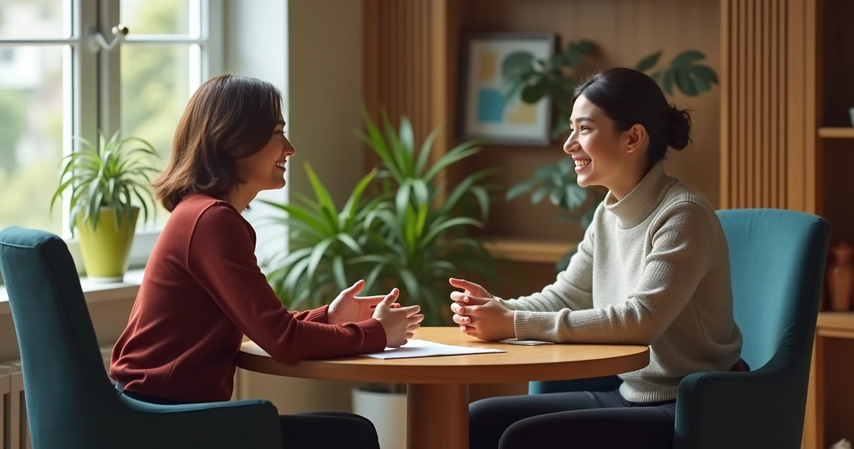 Pessoa sentada ouvindo atenciosamente em uma conversa presencial 