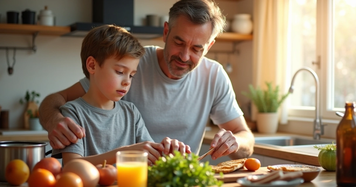 Padre e hijo compartiendo una rutina de cocina como gesto cariñoso