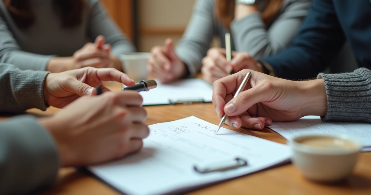Mãos em mesa mostrando colaboração e influência no grupo 