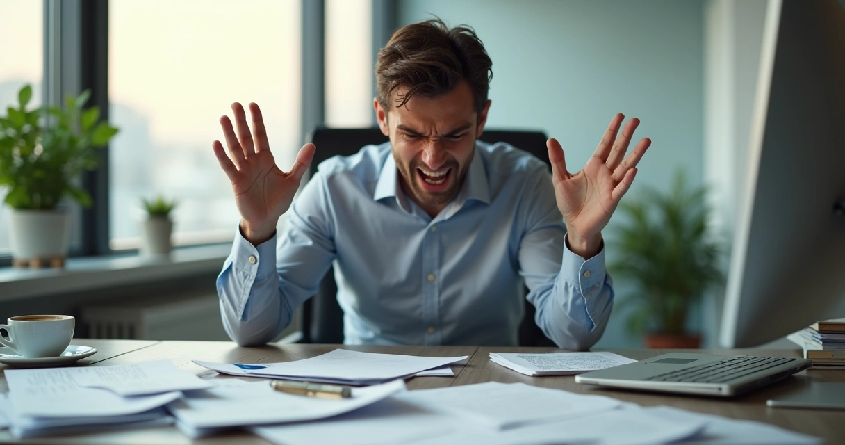 Persona en oficina con rostro tenso y gesto de enfado, con papeles desordenados y ambiente laboral moderno 