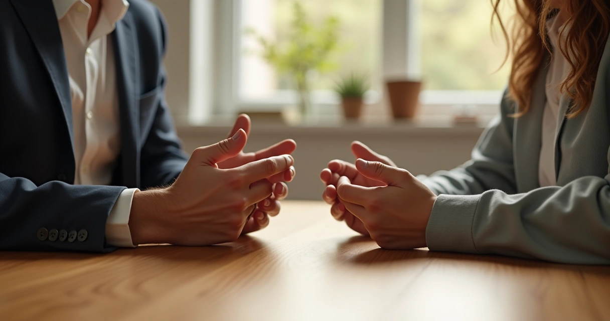 Primer plano de manos abiertas sobre una mesa, gestos calmados y cuerpo inclinado hacia adelante