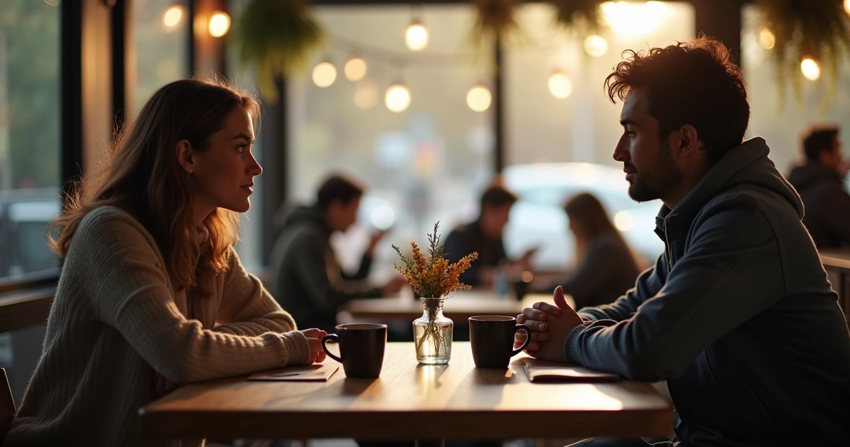 Duas pessoas trocando pequenos gestos gentis em uma mesa de café aconchegante 
