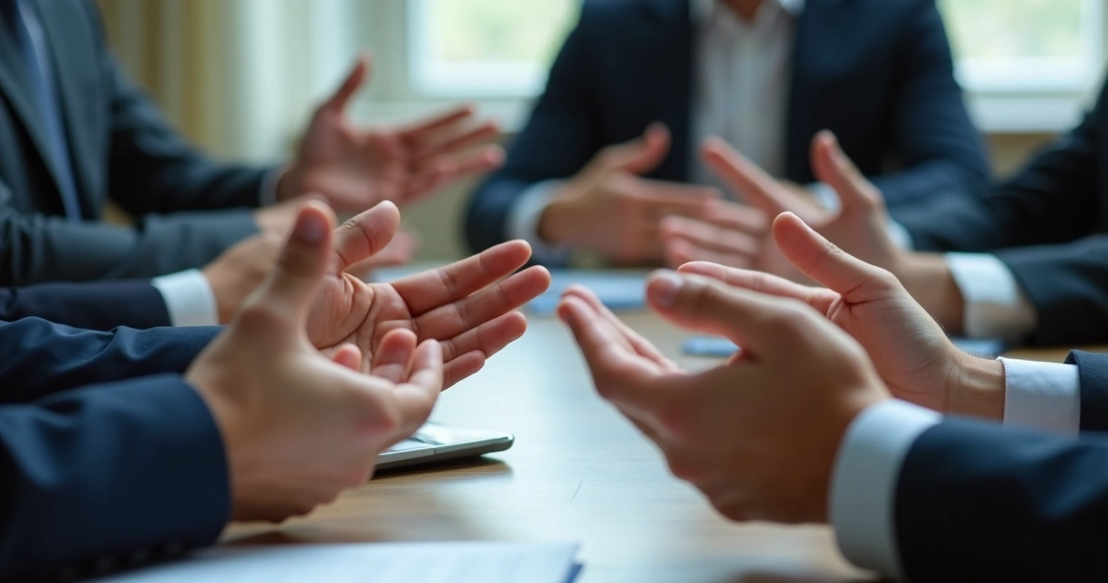 Close em mãos de pessoas em um grupo formal gesticulando durante conversa