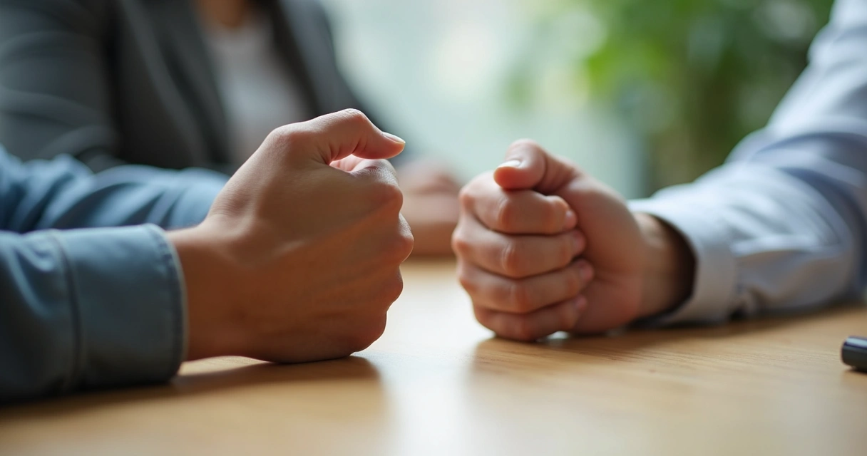 Manos entrelazadas en tensión sobre una mesa durante una conversación 