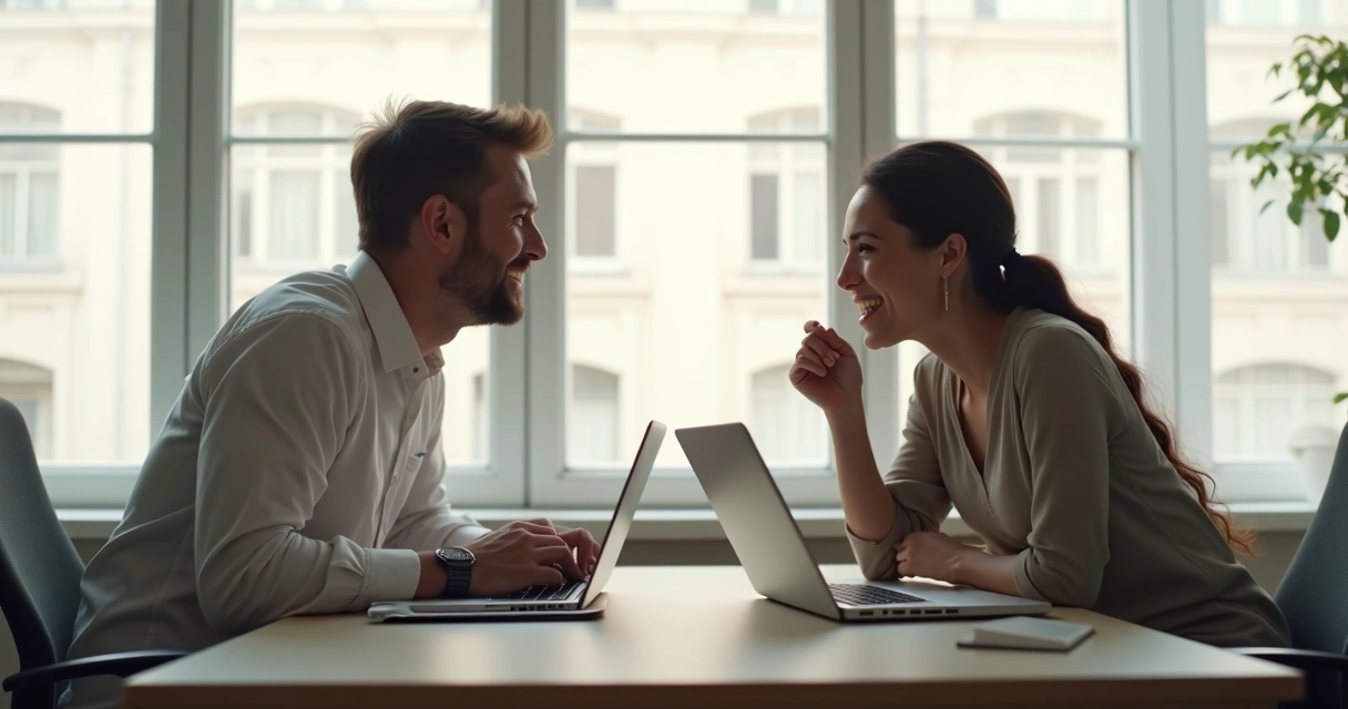 Colegas trocando olhares respeitosos na mesa de trabalho, sorriso discreto