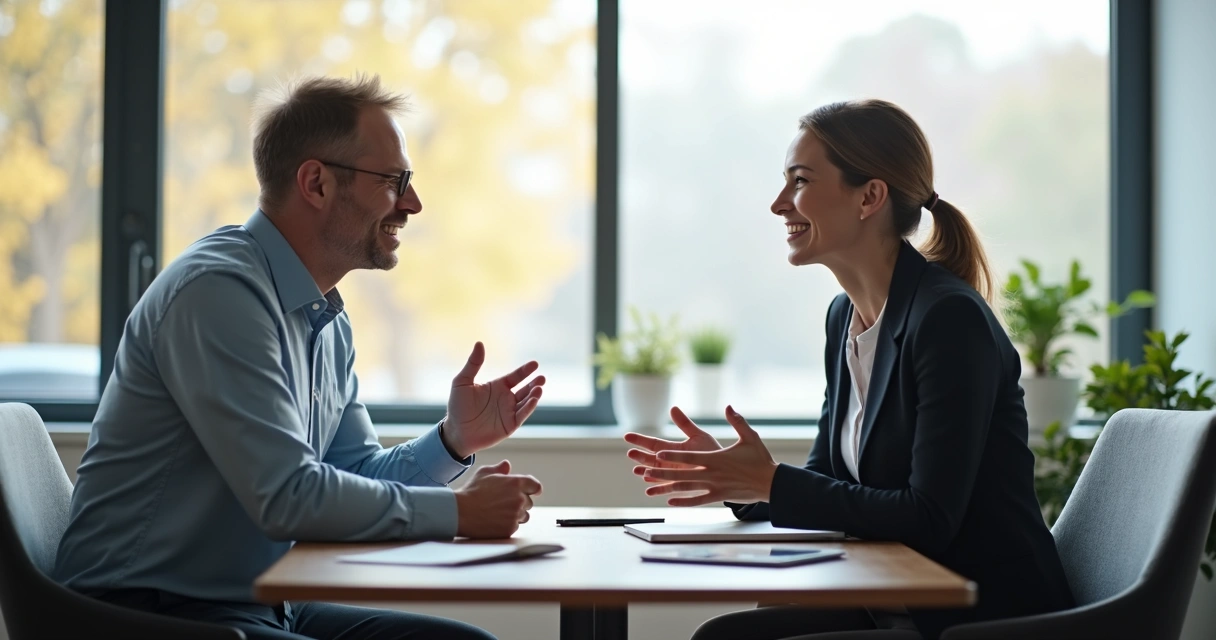 Vendedor e cliente em reunião presencial, ambos sentados à mesa, gesticulando de forma aberta e amigável 