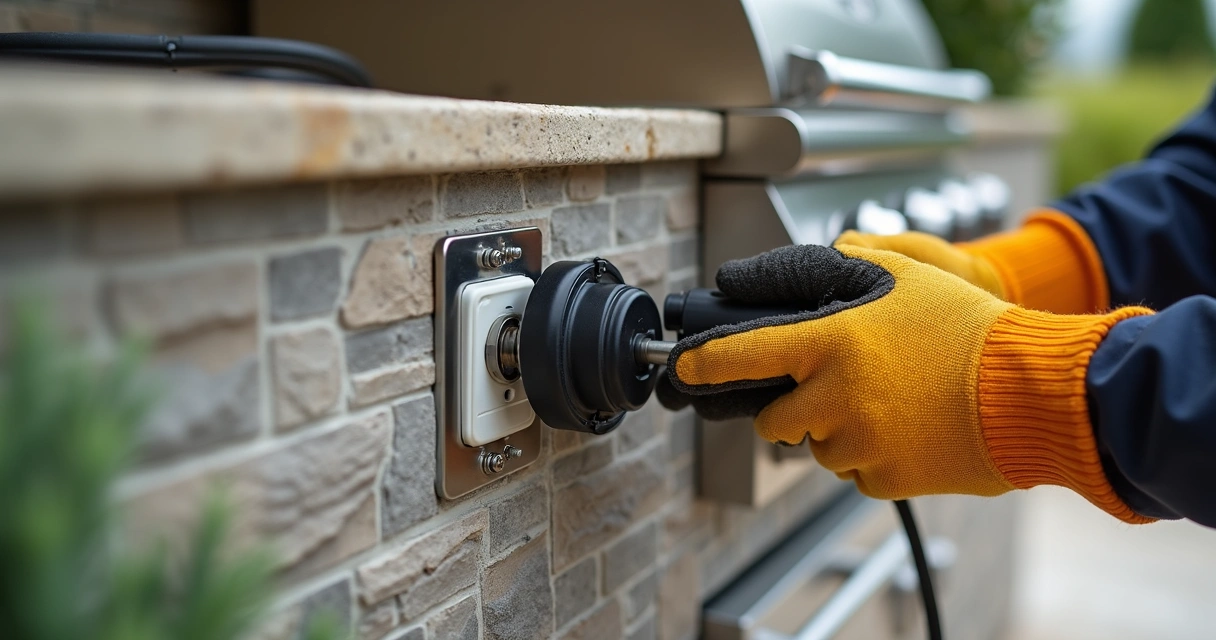 Worker installing GFCI outlet in outdoor summer kitchen 