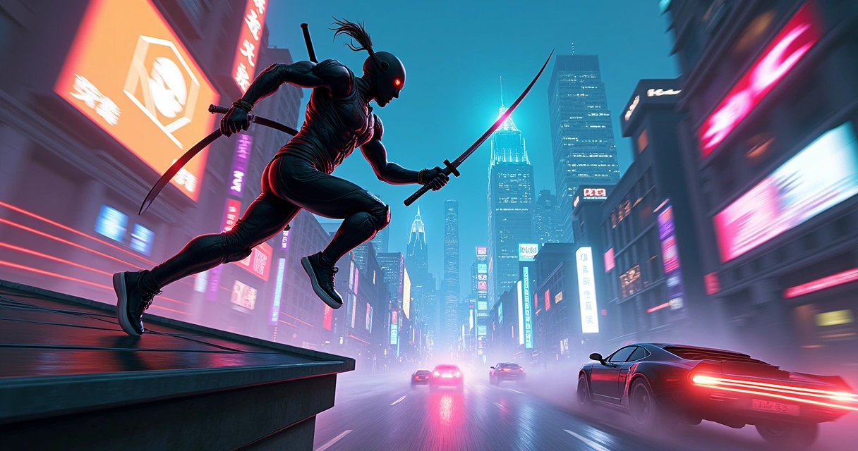 Personagem de Ghostrunner pulando entre prédios em um cenário vibrante cyberpunk cheio de ação.