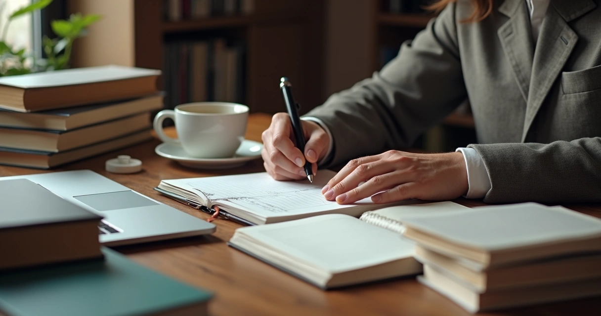Trabalho de ghostwriting sendo feito em escritório com livros 