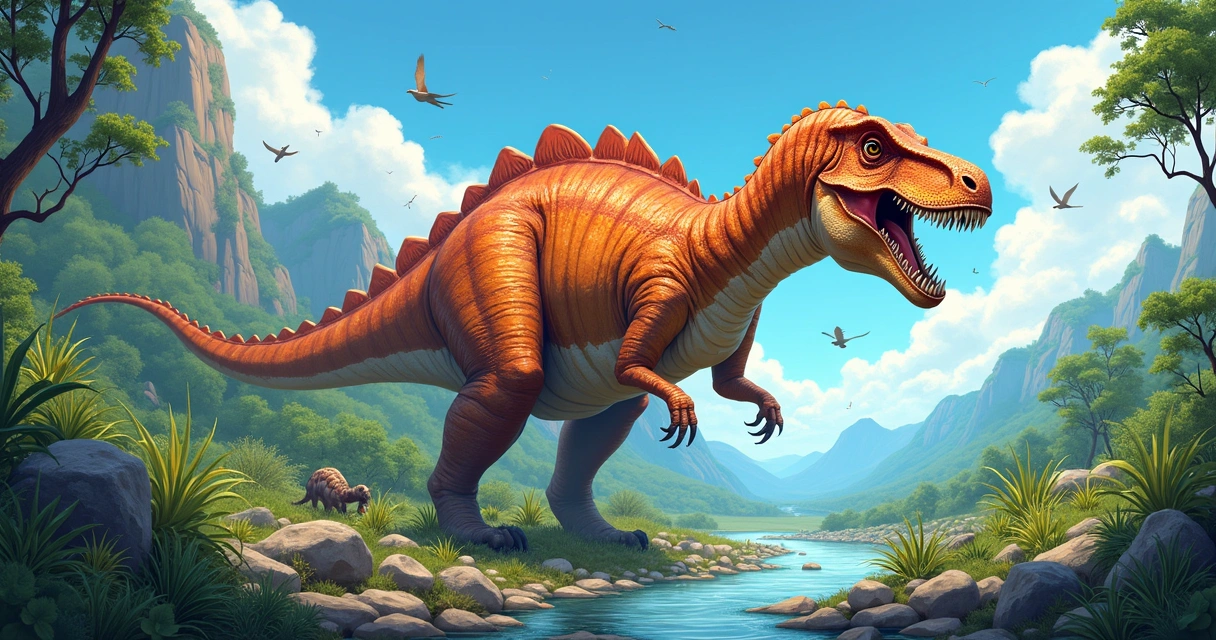 Ilustração de um Gigantossauro caçando em um ambiente pré-histórico vibrante com plantas, outros dinossauros e céu azul.